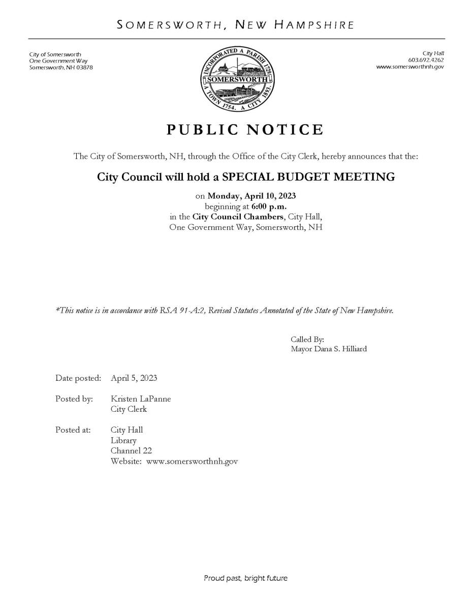 Special Budget Meeting - April10 at 6pm